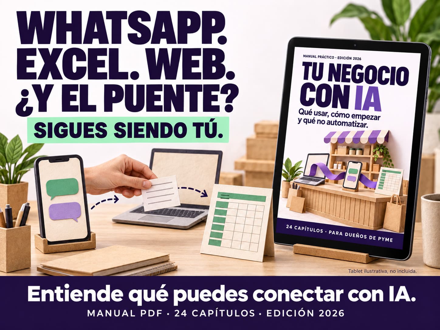 WhatsApp, Excel y web: la información se copia a mano. Anuncio del manual Tu negocio con IA, PDF de 24 capítulos, edición 2026. Tablet ilustrativa no incluida.