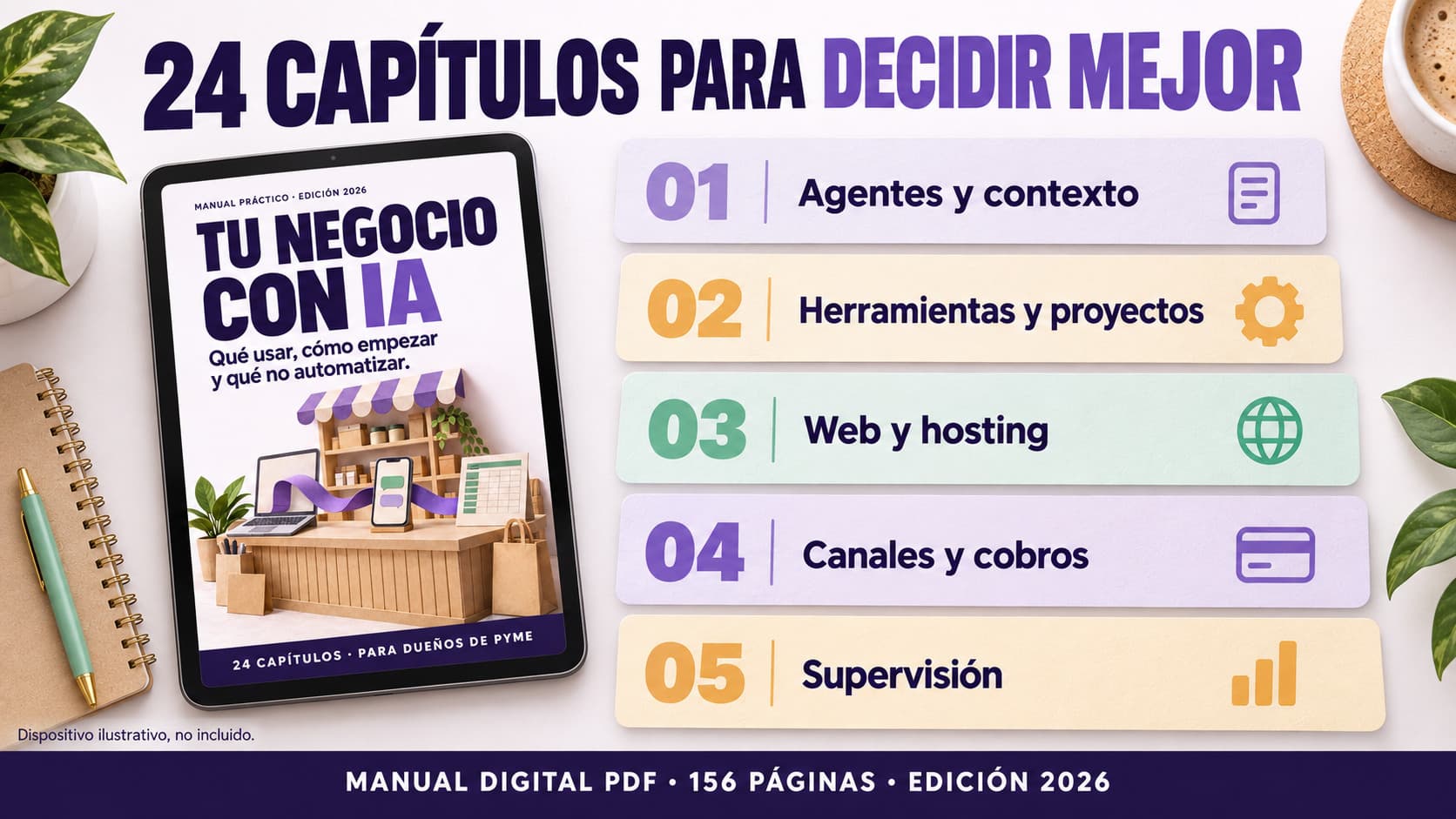 Contenido de Tu negocio con IA: agentes y contexto, herramientas y proyectos, web y hosting, canales y cobros, supervisión. Manual PDF de 24 capítulos y 156 páginas. Tablet ilustrativa.