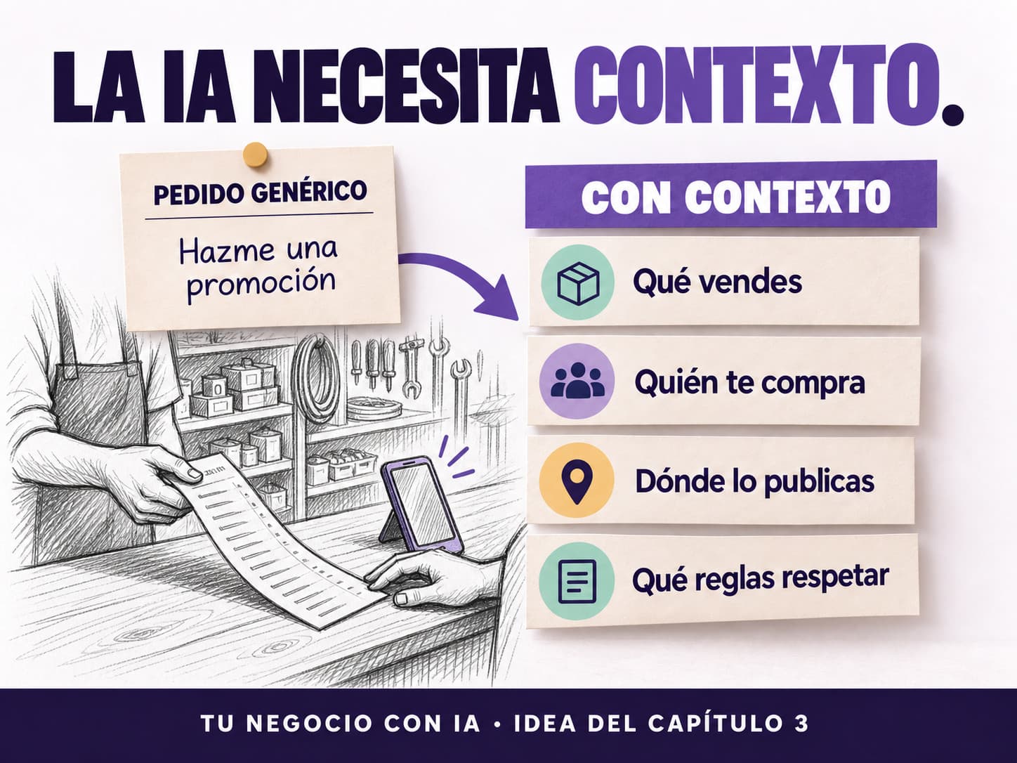 La IA necesita contexto: una ferretería entrega su lista de precios junto al teléfono. Frente a Hazme una promoción, concreta qué vendes, quién te compra, dónde lo publicas y qué reglas respetar. Concepto del capítulo 3.